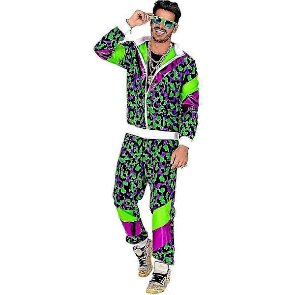 Mænd Kvinder 80'er 90'er Hip Hop Windbreaker Disco Jakke Bukser Retro Træningssæt-Xin Green Leopard Print L