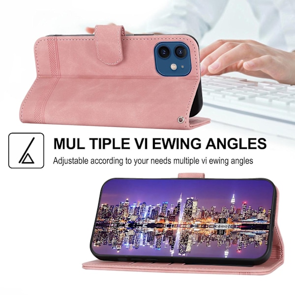 iPhone 12 Fodral, Läderplånboksfodral (med axelrem) - Xin Pink