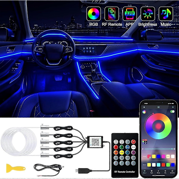 Auton sisävalaistus LED-nauha langattomalla sovelluksella ja kaukosäätimellä, RGB 5-in-1 tunnelmavalaistuspaketti 236 tuuman kuituoptiikalla - Xin