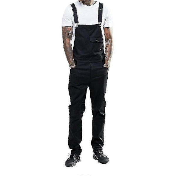 Herr Slim Fit Denim Jumpsuit Bib Romper Casual Overalls Hängselbyxor-Xin Black S