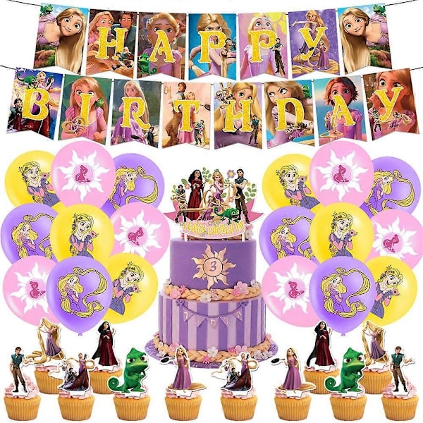 Trassel Rapunzel Tema Födelsedagsfest Tillbehör Banner Ballong Muffin Tårtdekoration Set-Xin