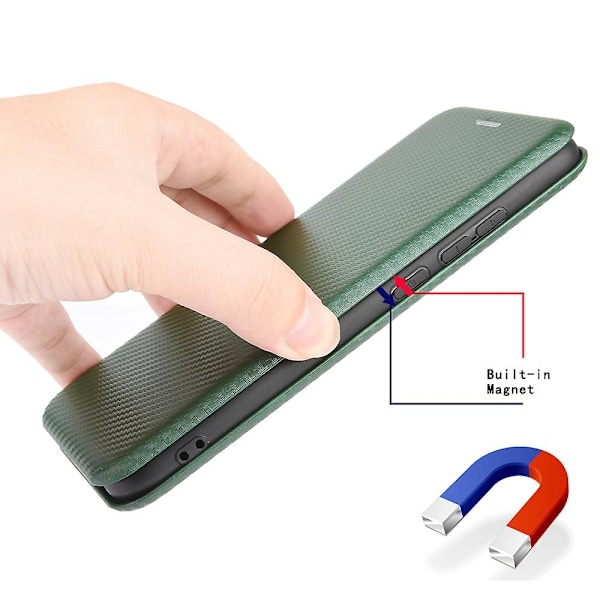 Til Nokia C32 PU Læder Carbon Fiber Tekstur Cover Kort Holder Støtteben Telefon Cover-Xin Green