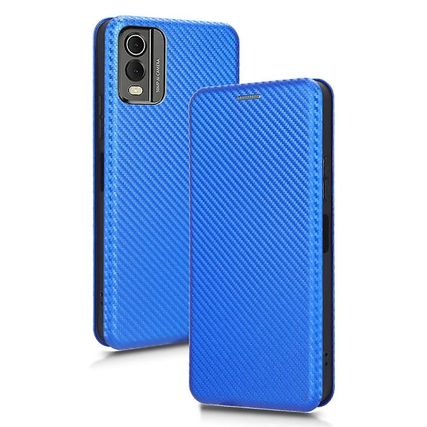 Nokia C32 PU-nahkainen hiilikuitukuvioinen suojakuori korttipidikkeellä ja jalustalla - Xin Blue