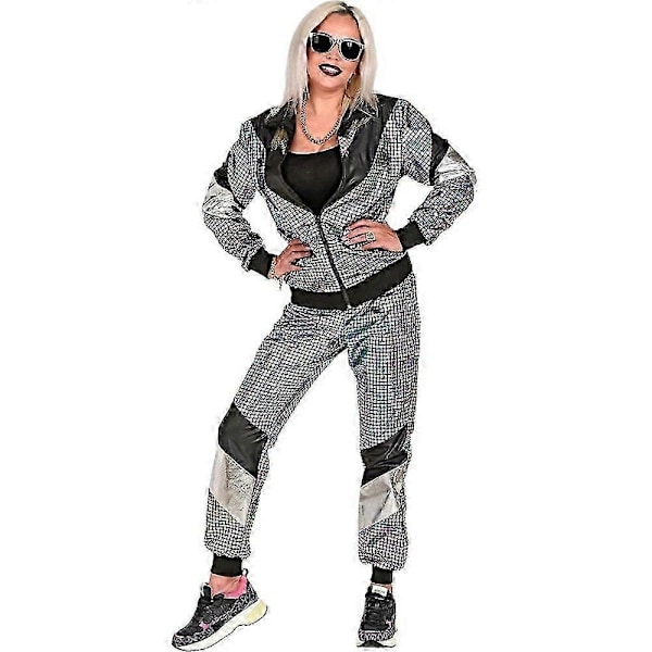 Mænd Kvinder 80'er 90'er Hip Hop Windbreaker Disco Jakke Bukser Retro Træningssæt-Xin Silvery White S