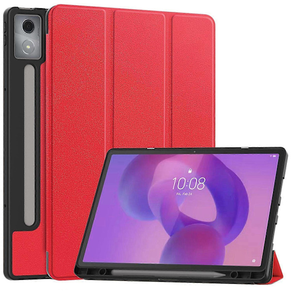 til Lenovo Idea Tab Pro Etui Tri-Fold Stand Læder PC Tablet Cover med Pen Holder - Rød-Xin Red