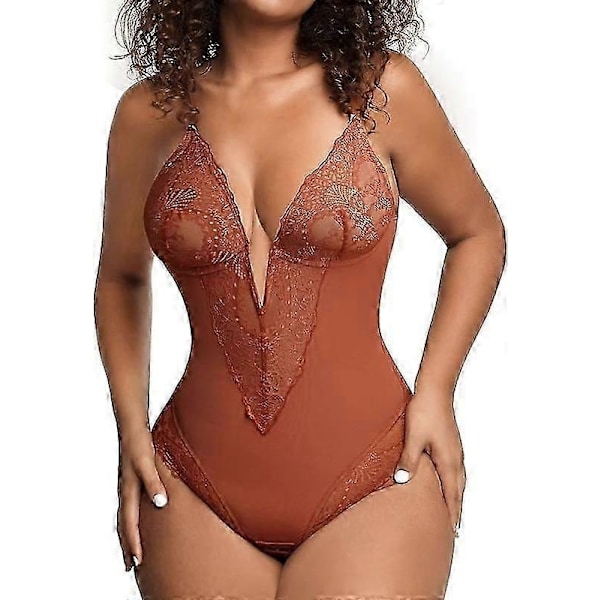 Popilush Spets Shapewear Bodysuit Dam V-ringning Mage Kroppsdräkt Stringtrosor-Xin Red 2XL