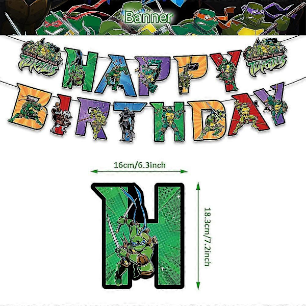 Ninja Turtles bursdagsutstyr for barn, festdekorasjonssett inkluderer gratulerer med dagen-banner, ballonger, kake-/cupcaketoppere-Xin