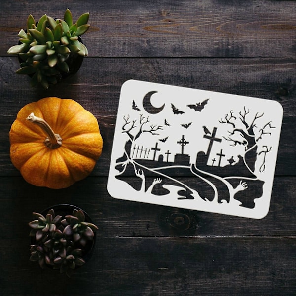 Graveyard Stencil Halloween Gjenbrukbar Malingssjablong med Måne Flaggermus Kirkegård Tørket Tre Design DIY Dekorasjonssjablonger Tegnemaler - Xin