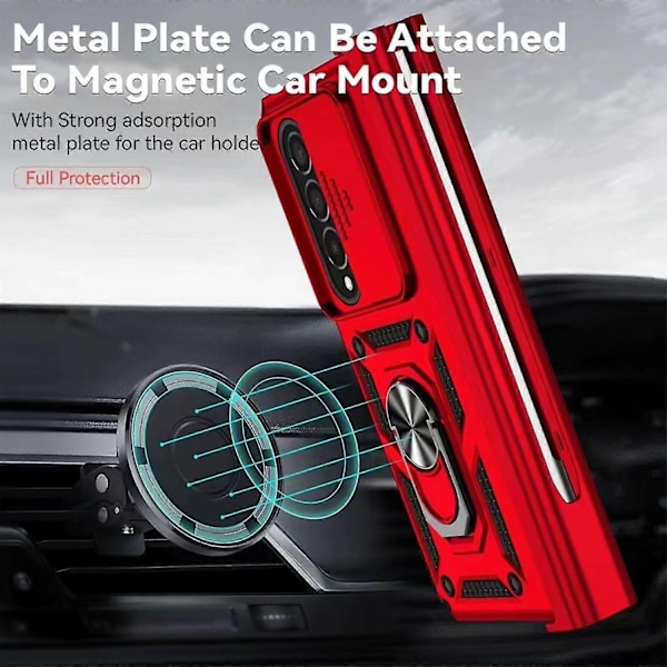 Armor Skal Kompatibelt med Galaxy Z Fold 4, Hårt PC Stötsäkert Skal med Metallringhållare & S Pen Hållare-Xin Red