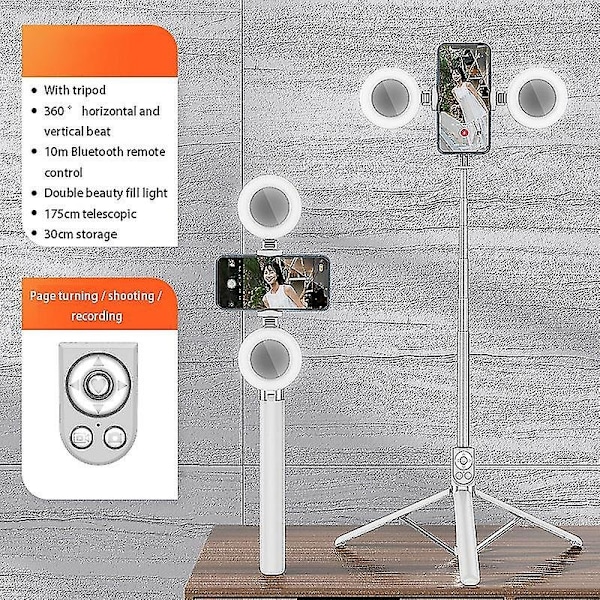 R17ds 1.75m Bærbar Bluetooth Selfie Stick Udtrækkeligt Tripod Telefonstativ med Dobbelte Udfyldningslys 360-graders Roterende Fotografering Live-xindaren White