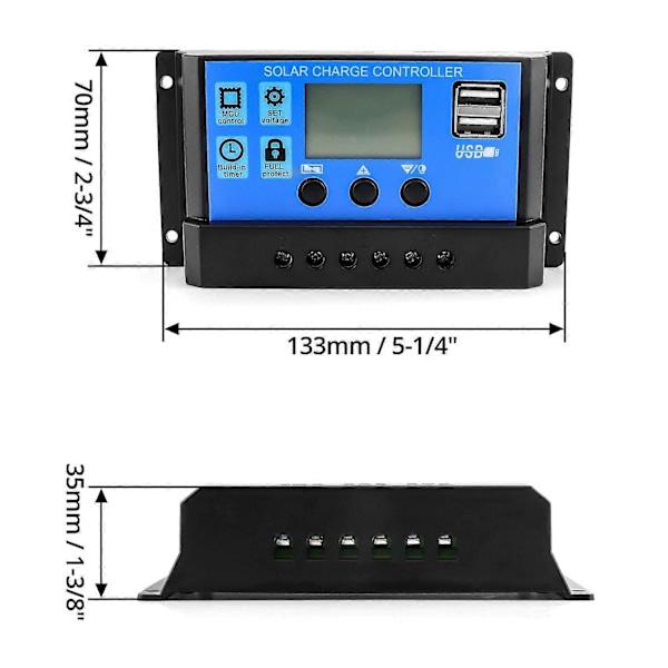 Solar Laderegulator, 30A 12V/24V Solcellepanel Batteri Intelligent Regulator med 5V Dobbel USB-port Lys Timer Kontroll LCD-skjerm (1 stk)-Xin