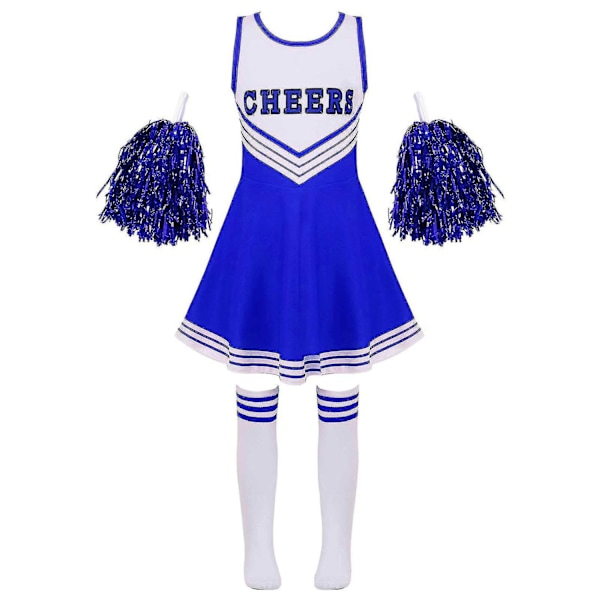 Barn Cheerleading Kostymer Skolflickor Cheerleading Uniform Cheerleading Kostym Halloween Klänning med Strumpor Blommor D_y Blu-Xin Blue 3-4 Years