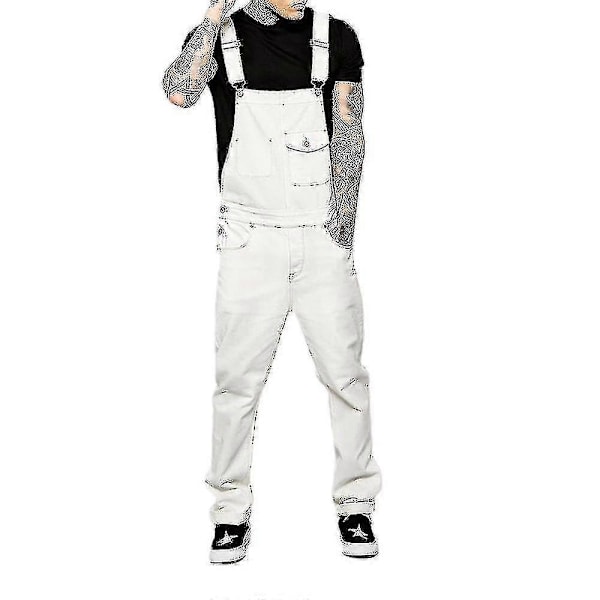 Herr Slim Fit Denim Jumpsuit Bib Romper Casual Overalls Hängselbyxor-Xin White XL