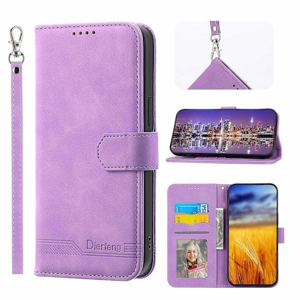iPhone 12 Fodral, Läderplånboksfodral (med axelrem) - Xin Purple