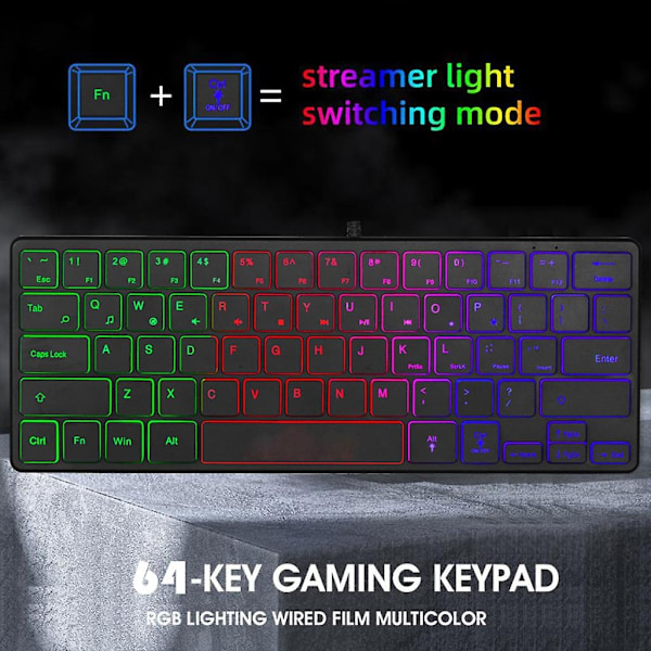 Mini 60% Kompakti 64 Näppäimen Näppäimistö Vedenkestävä Hiljainen Näppäimistö PC:lle/Mac Gamer-Xinille