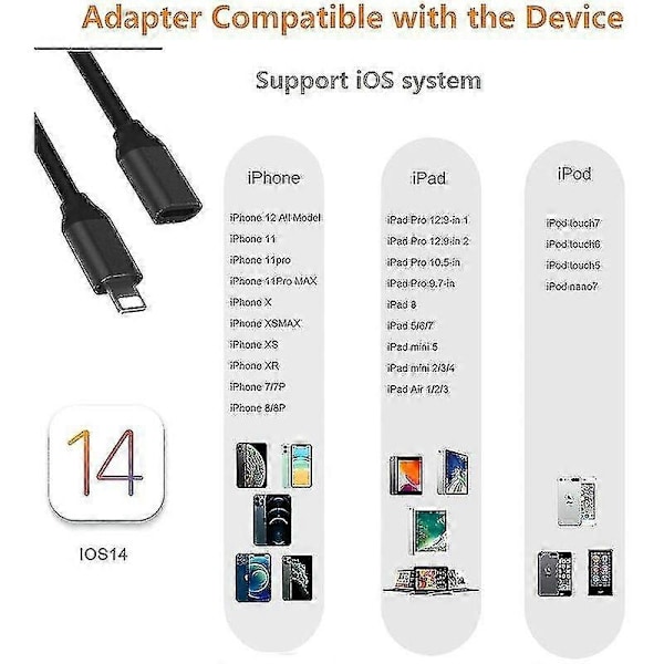 1 metrin Lightning-jatkokaapeli, yhteensopiva iPhone iPadin kanssa - Naaras-urosliitin - xindaren