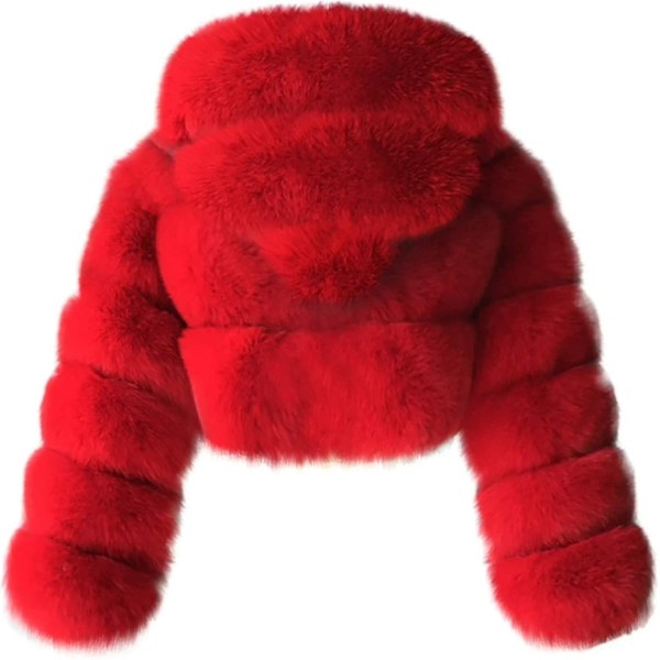 Faux Fur Pels Dame med Hætte Cropped Bubble Frakker Fleece Kort Varm Jakker Plus Size Vinterfrakker til Kvinder-Xin Red Small