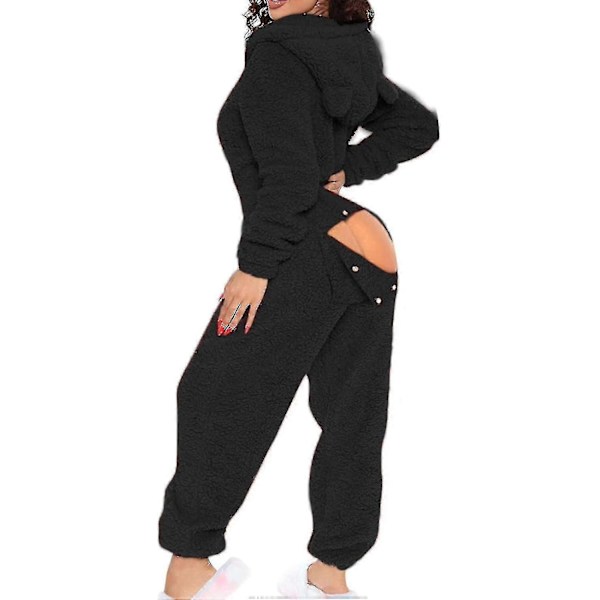 Sexiga Vuxna En-Delade Pyjamas Dam Hip Flap Ull Huvad En-Delade Pyjamas Dam Fluffiga Pyjamas-Xin Black Medium