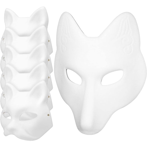 Toyvian vitpappersmasker, 5 st DIY vita kattmasker att måla med 1 st pappersrävmask Tomma målningsbara djurmasker-Xin