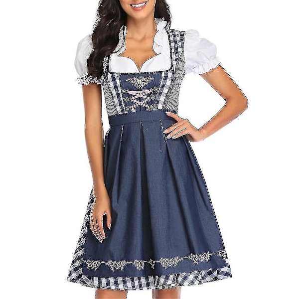 Oktoberfest Kostume til Kvinder - Voksen Dirndl Tysk Traditionel Bayersk Øl Karneval Fraulein Cosplay Pigekjole Outfit-Xin Gray  Blue L