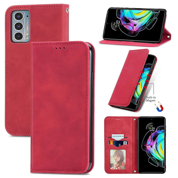 Kompatibel med Motorola Edge 20 Retro Skin Feel Magnetisk Horisontell Flip Läderfodral med Hållare & Kortfack & Plånbok-xindaren Red