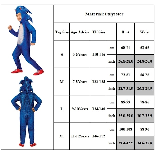 Sonic the Hedgehog Cosplay-dräkt för barn, pojkar, flickor - Bodysuit + Mask + Handskar 10-14 år = EU 140-164 - Perfekt Bodysuit + Huva + Handskar-Xin Jumpsuit+huva+handske 7-8 år = EU 122-128