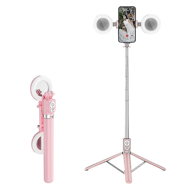 R17ds 1.75m Bærbar Bluetooth Selfie Stick Udtrækkeligt Tripod Telefonstativ med Dobbelte Udfyldningslys 360-graders Roterende Fotografering Live-xindaren Pink