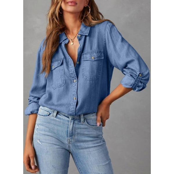 Dam Denimskjorta med Knappar Ledig Långärmad V-ringad Chambray Blus Topp-Xin Sky Blue Medium