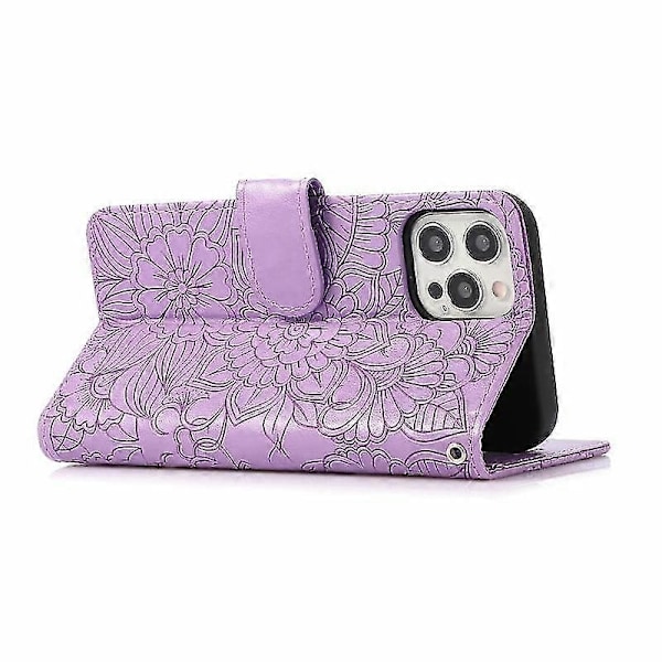 Kompatibel med Iphone 12 Skin Feel Præget Solsikke Horisontal Flip Læderetui med Holder & Kortpladser & Pung & Lanyard-xindaren Purple