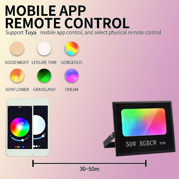 50W Tuya APP Älykäs LED-valo IP66 Vedenpitävä Värikäs RGB-lamppu Ulkokäyttöön Tehdasvaraston Valonheitin - xindaren