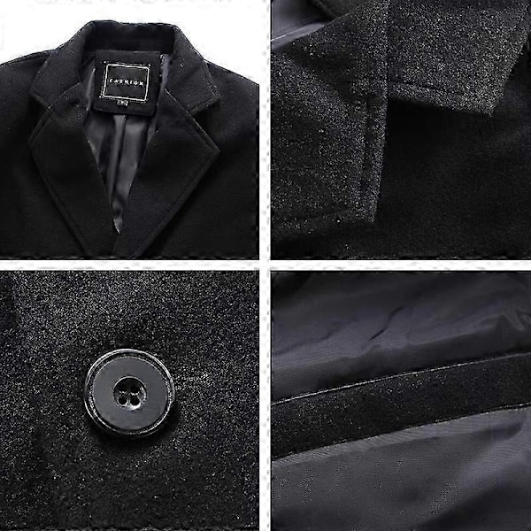 Mænds trenchcoat med revers, enkeltknappet, lang peacoat jakke - Xin BLACK S