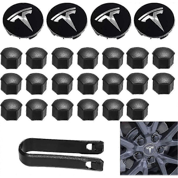 Aero Hjulkoppsett, hjulmutterdeksler Model 3 Hjulkoppsett med Tesla Logo Nav Senterdeksel Mutterdeksler for Tesla Model 3 Model Y (svart)-Xin Black