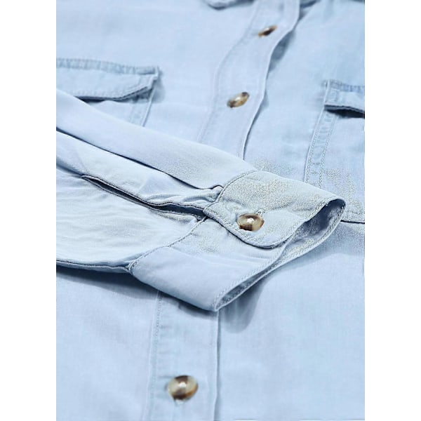 Dame Skjorte med Knapper i Denim, Casual Langermet V-Hals Chambray Bluse Topp - Xin Beau Blue Small