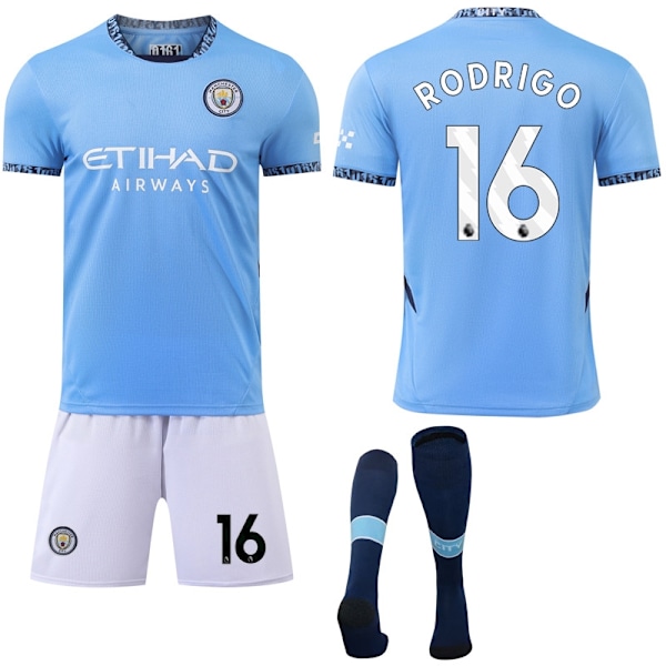 Manchester City Hjemmefotballdraktsett for Barn og Voksne med Sokker 2024-2025 Nr. 16 RODRIGO Nr. 16 RODRIGO-Xin No.16 RODRIGO S