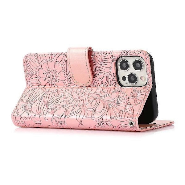 Kompatibel med Iphone 12 Skin Feel Præget Solsikke Horisontal Flip Læderetui med Holder & Kortpladser & Pung & Lanyard-xindaren Rose gold