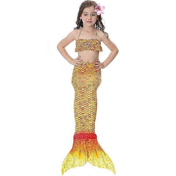 Flickor Sjöjungfru 3-delars Set Cosplay Kostym Fishtail Bikini Baddräkt Orange-xindaren 4-5 Years