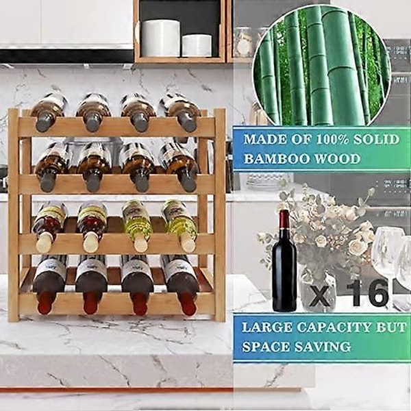 Bambusvinställ, 16 Flaskor Displayställ, 4-lagers Fristående Förvaringsställ för Kök, Pantry, Vinkällare, Bar - Xin 4-Tier