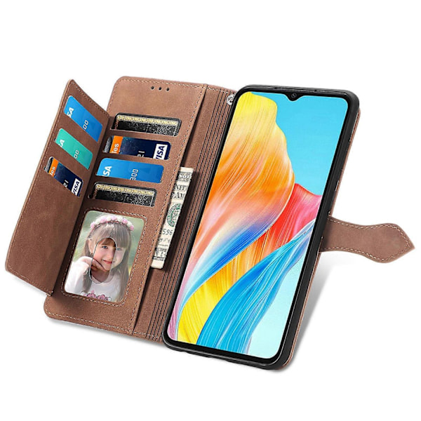 Kompatibel med Oppo A38 4G/ A18 4G Deksel Blomsterpreget Lær Glidelås Lommebok Telefondeksel-xindaren Brown