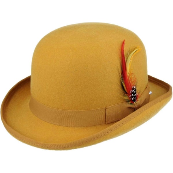 Unisex Hård Hatt i Ull med Fjäder, Satinfodrad, Storlekar S till XL-Xin Mustard XL