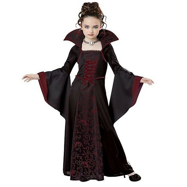 Barnflickor Prestanda Vampyr Halloween Häxa Kostym Burgunder-Xin wine red 120cm