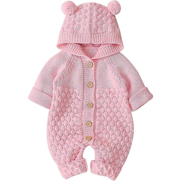 Babystrikket Romper Jumpsuit med Hetter - Vintervarmer-Xin Pink 90cm