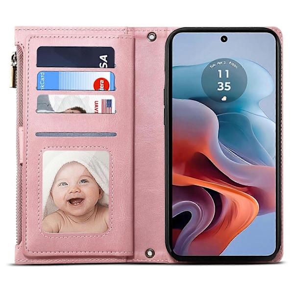 til Motorola Edge 50 Neo 5G Etui Lynlås Pung Læder Støtteben Telefon Cover-Xin Rose Gold