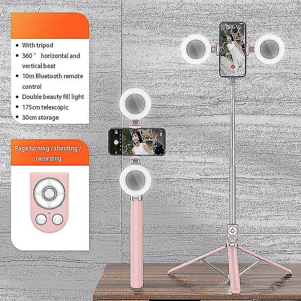 R17ds 1.75m Bærbar Bluetooth Selfie Stick Udtrækkeligt Tripod Telefonstativ med Dobbelte Udfyldningslys 360-graders Roterende Fotografering Live-xindaren Pink