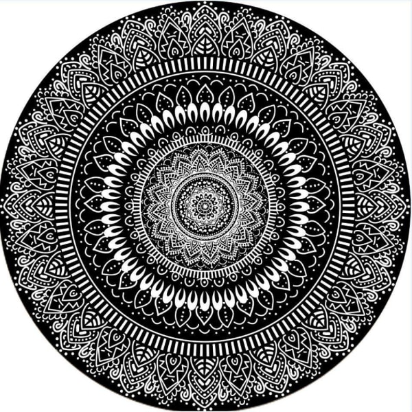 Rund teppe 100cm Svart Mandala Myk Baderomsmatte Sklisikker Vaskbar Aksent Teppe Fluffy Gulvmatte for Inngang Stue Soverom Barnerom-XIN