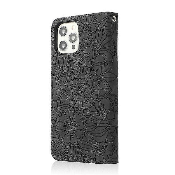 Yhteensopiva Iphone 12 kanssa, Ihoa Miellyttävä Kohokuvioitu Auringonkukka Vaakasuuntainen Käännettävä Nahkakotelo Pidikkeellä & Korttipaikoilla & Lompakolla & Nauhalla-xindaren Black