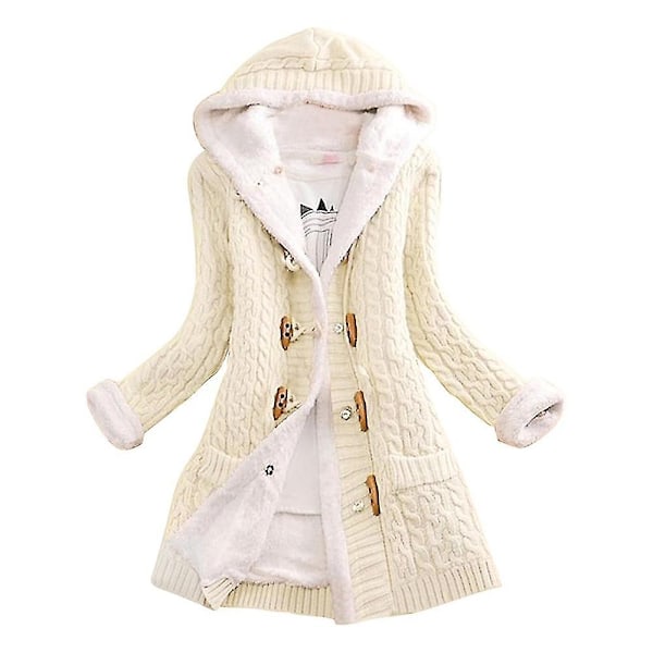 Kvinnors Huvad Cardigan Tjock Plyschfodrad Stickad Tröja med Fickor - Xin Beige 2XL