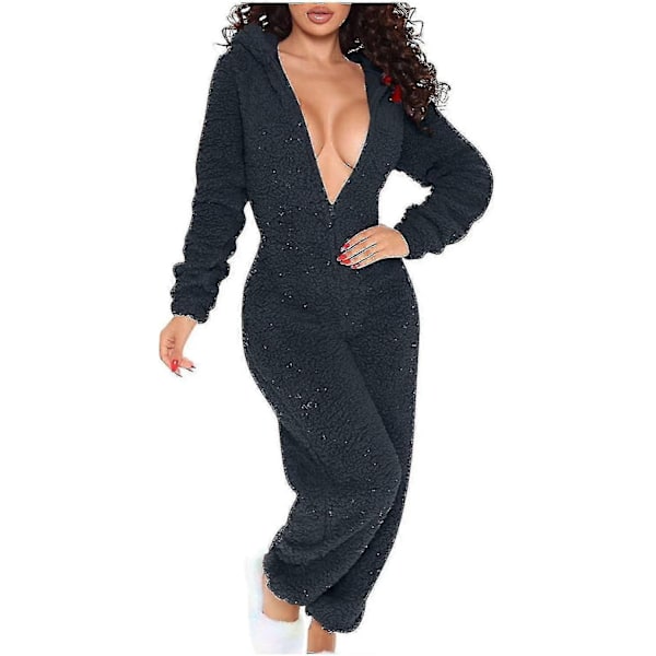 Sexiga Vuxna En-Delade Pyjamas Dam Hip Flap Ull Huvad En-Delade Pyjamas Dam Fluffiga Pyjamas-Xin Dark Gray XX-Large