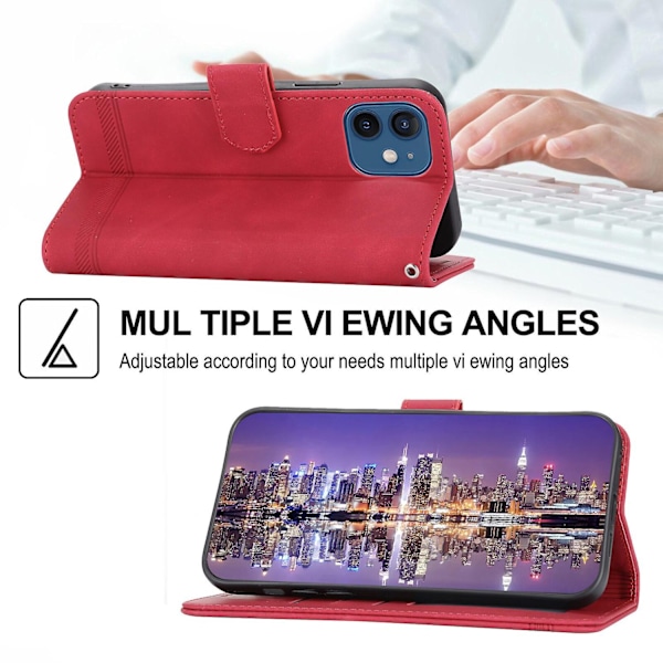 iPhone 12 Fodral, Läderplånboksfodral (med axelrem) - Xin Red