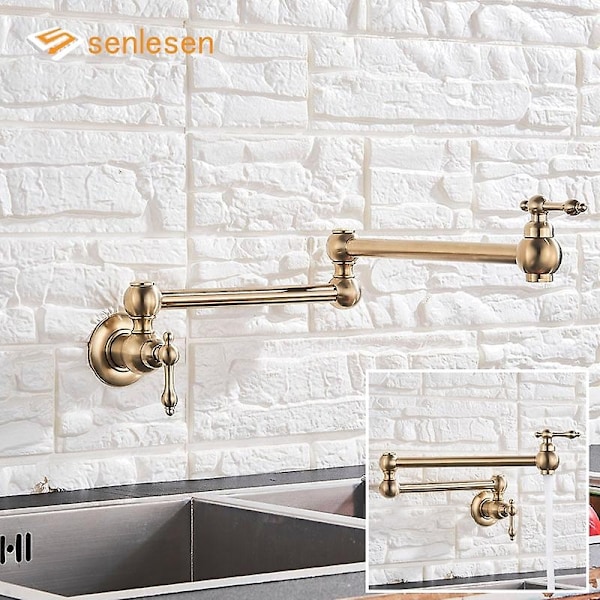 Senlesen Vikbar Kökskran i Borstad Guld, Väggmonterad, Enkelflödes Kallt Vatten, Mässing, Rotationsbar Vikbar Pip, Pot Filler Kran - Xin Brushed Gold