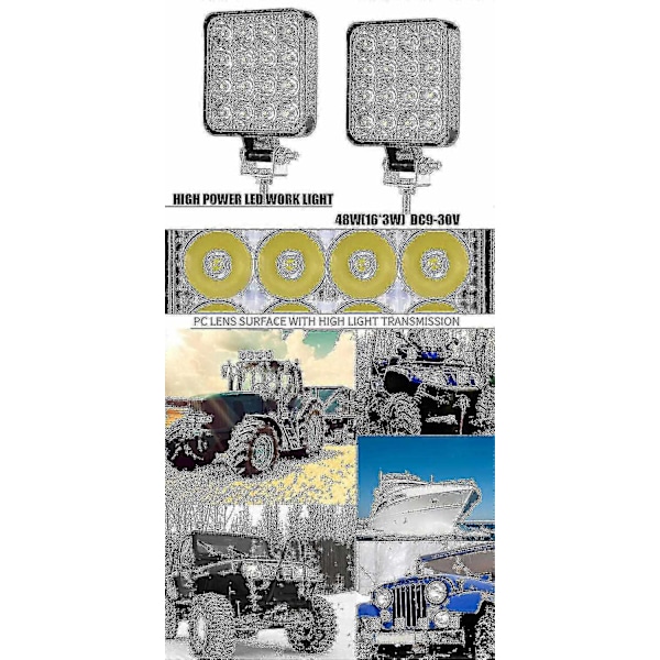 4 X 48w LED Arbeidslys, Firkantet Spotlight 12v 24v Langtrekkende LED Frontlykt Ip67 Spot Flood Ryggelys for Bil Lastebil Traktor SUV Båt (4 stk.)-Xin